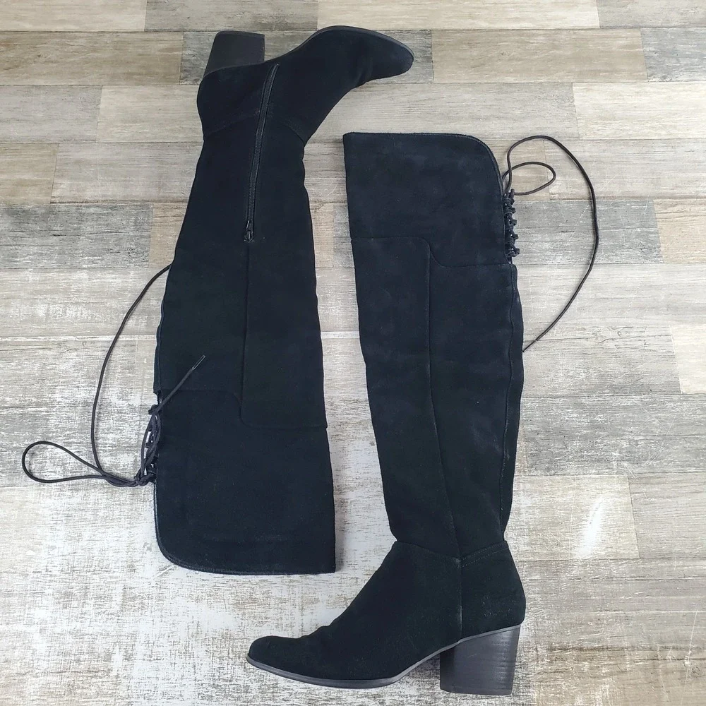 ALDO Nathalee Womens Over The Knee Boots Sz 9 Black Suede Side Zip Block Heel